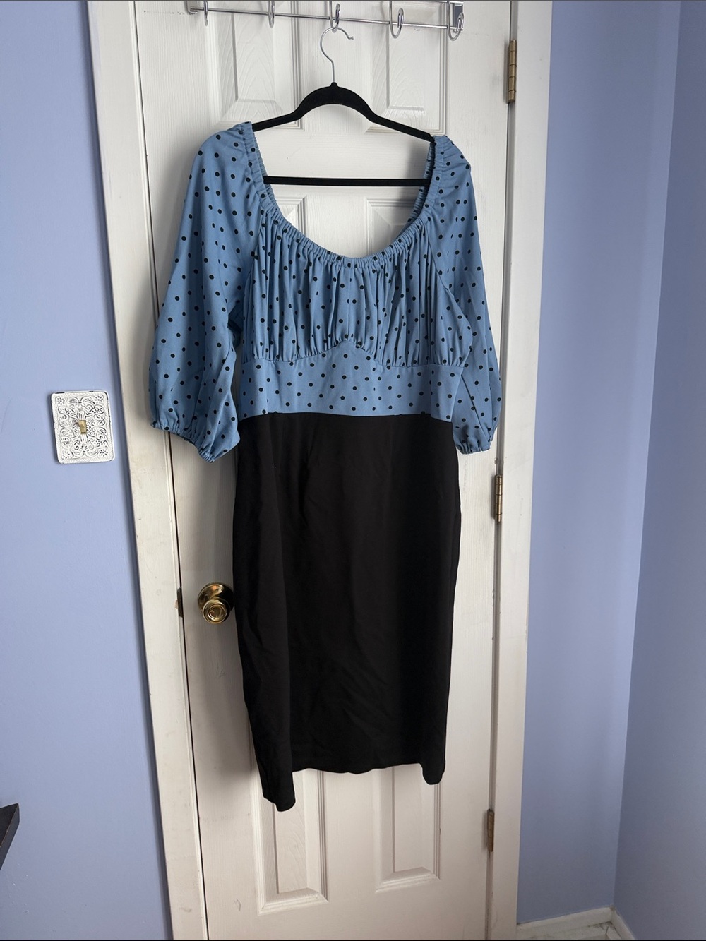Vixen by Micheline Pitt Blue Polka Dot Top with Black Midi Skirt
